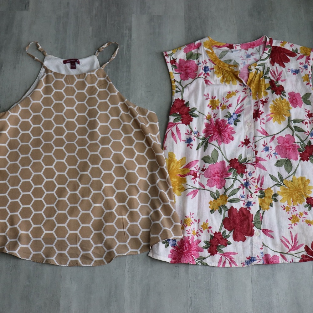 2 Shirts - Floral and Beige Honeycomb Top - Medium